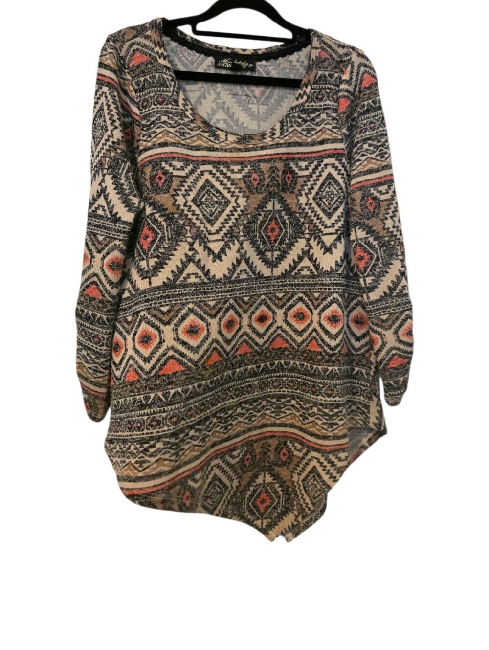 Absolutelu Famous Boho Aztec Knit Sweater Top - Cream with Coral & Gray Medium